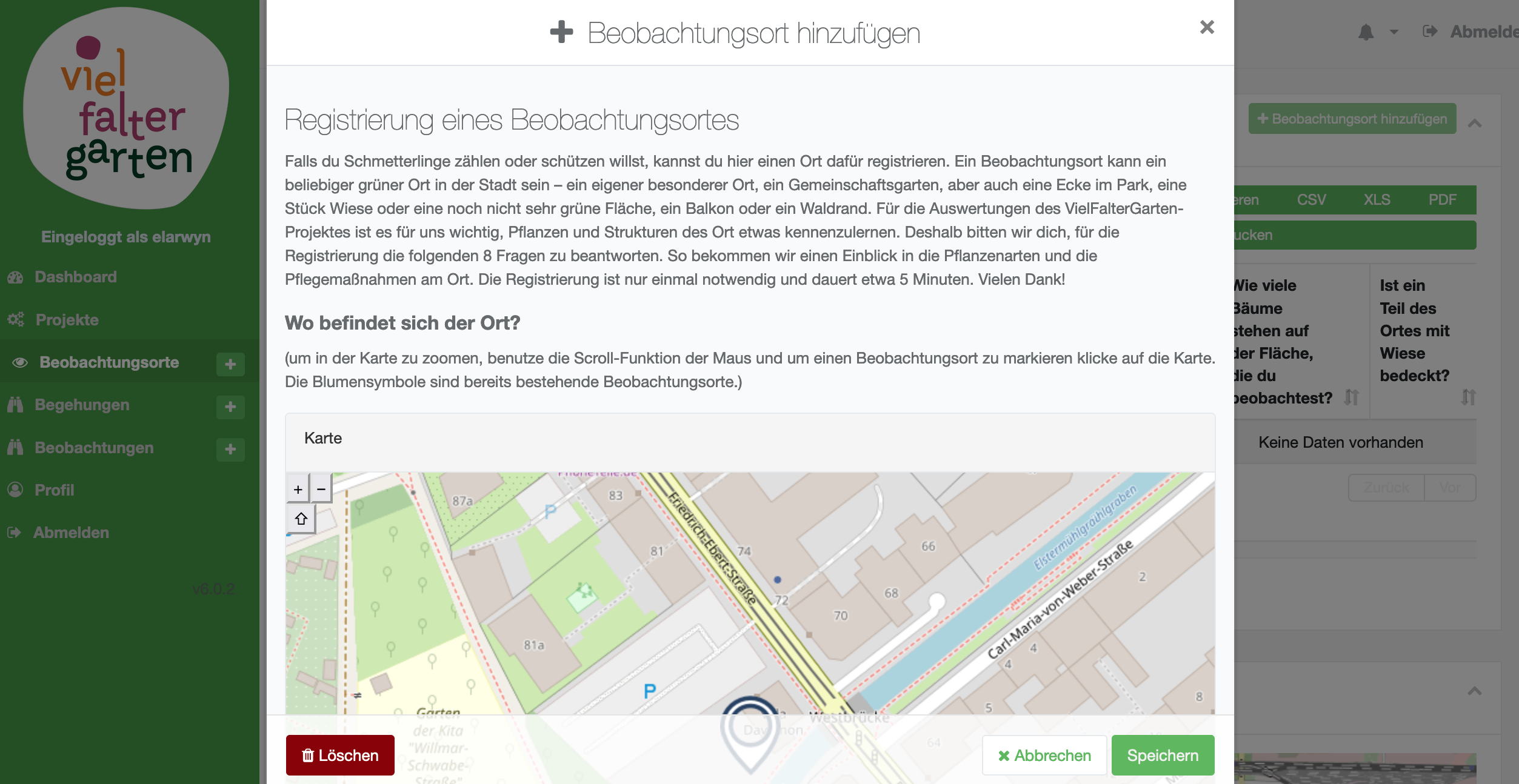 Beobachtungsort registrierung Beobachtungsort registrierung